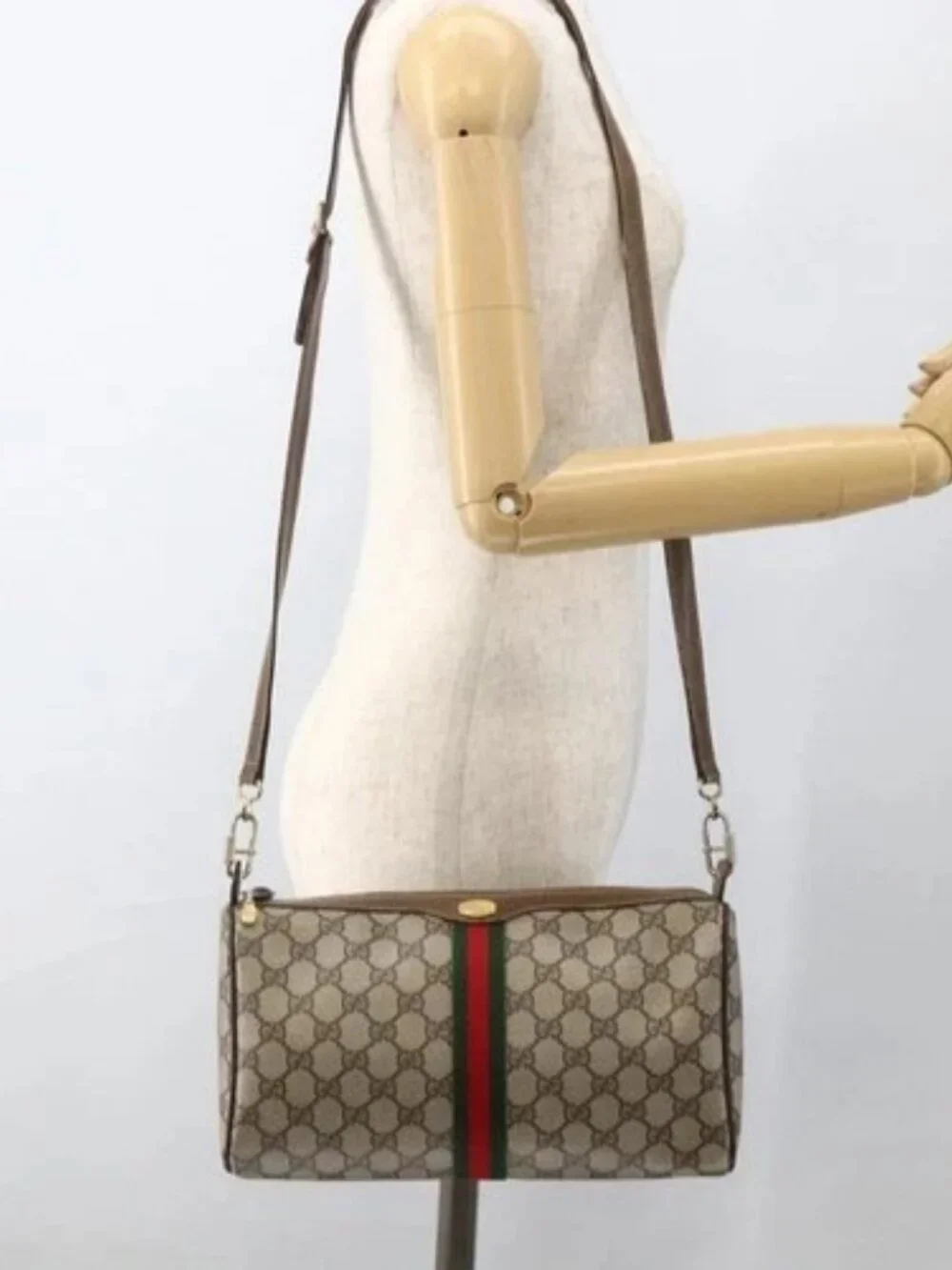 GUCCI GG Supreme Web Sherry Line Bag PVC Beige Gold 378 02 017 Auth BAZ162